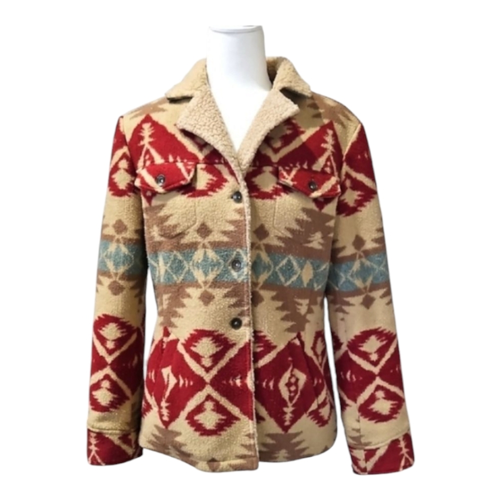ORVIS Women's aztec patterned berber fleece lined Jacket - Red and Tan  medium